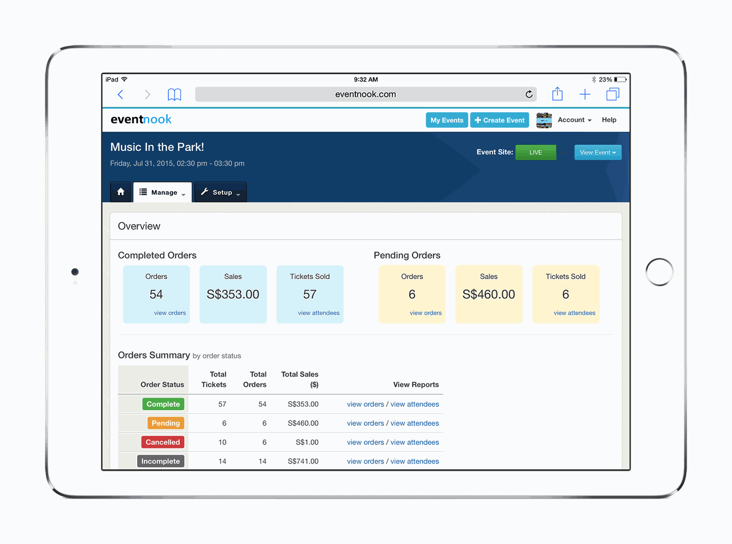 EventNook Dashboard iPad