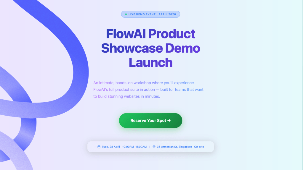 Promotional banner for the FlowAI Product Showcase Demo Launch event, featuring details about an upcoming workshop on 28 April 2026, with a focus on building websites using FlowAI's product suite.