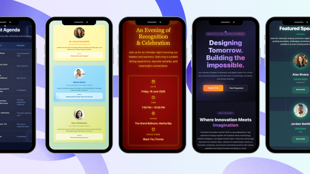A collection of mobile phone screens showcasing different event agendas and promotional information, including speaker details, event themes, and registration options.