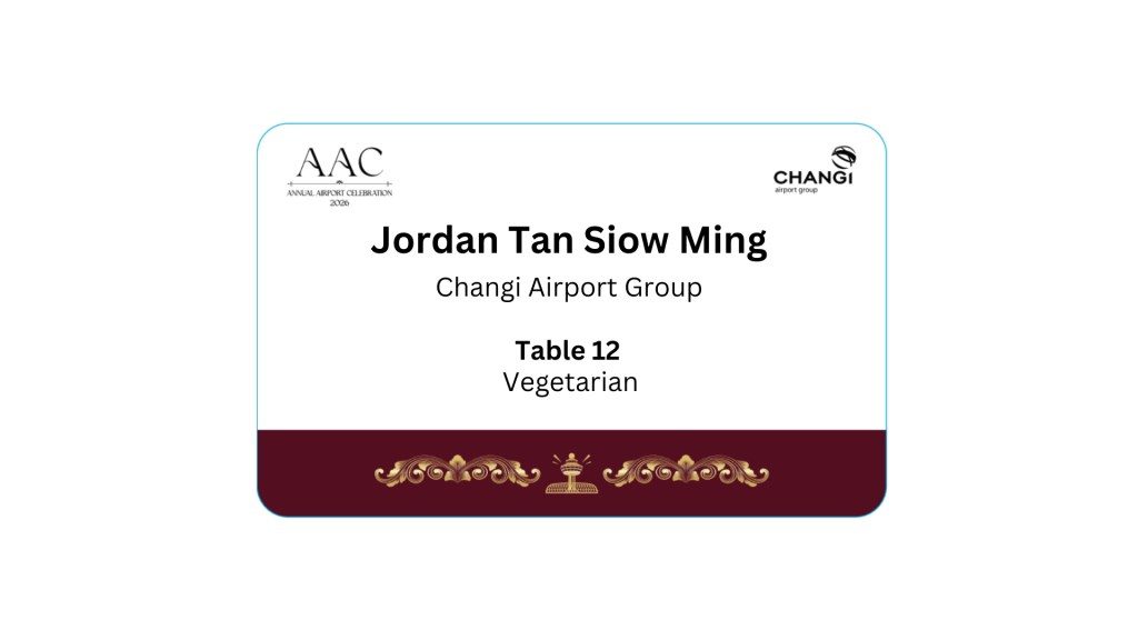 Name badge for Jordan Tan Siow Ming, Changi Airport Group, for Table 12, indicating a vegetarian meal.