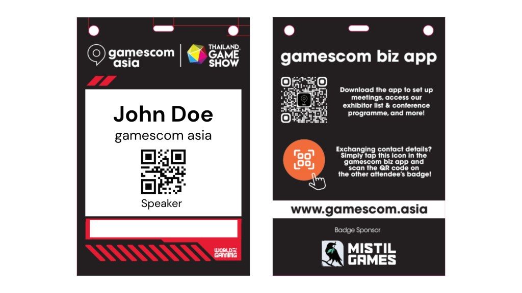 Double-sided premium tear-proof conference badge with attendee QR code on the front and networking app details on the back