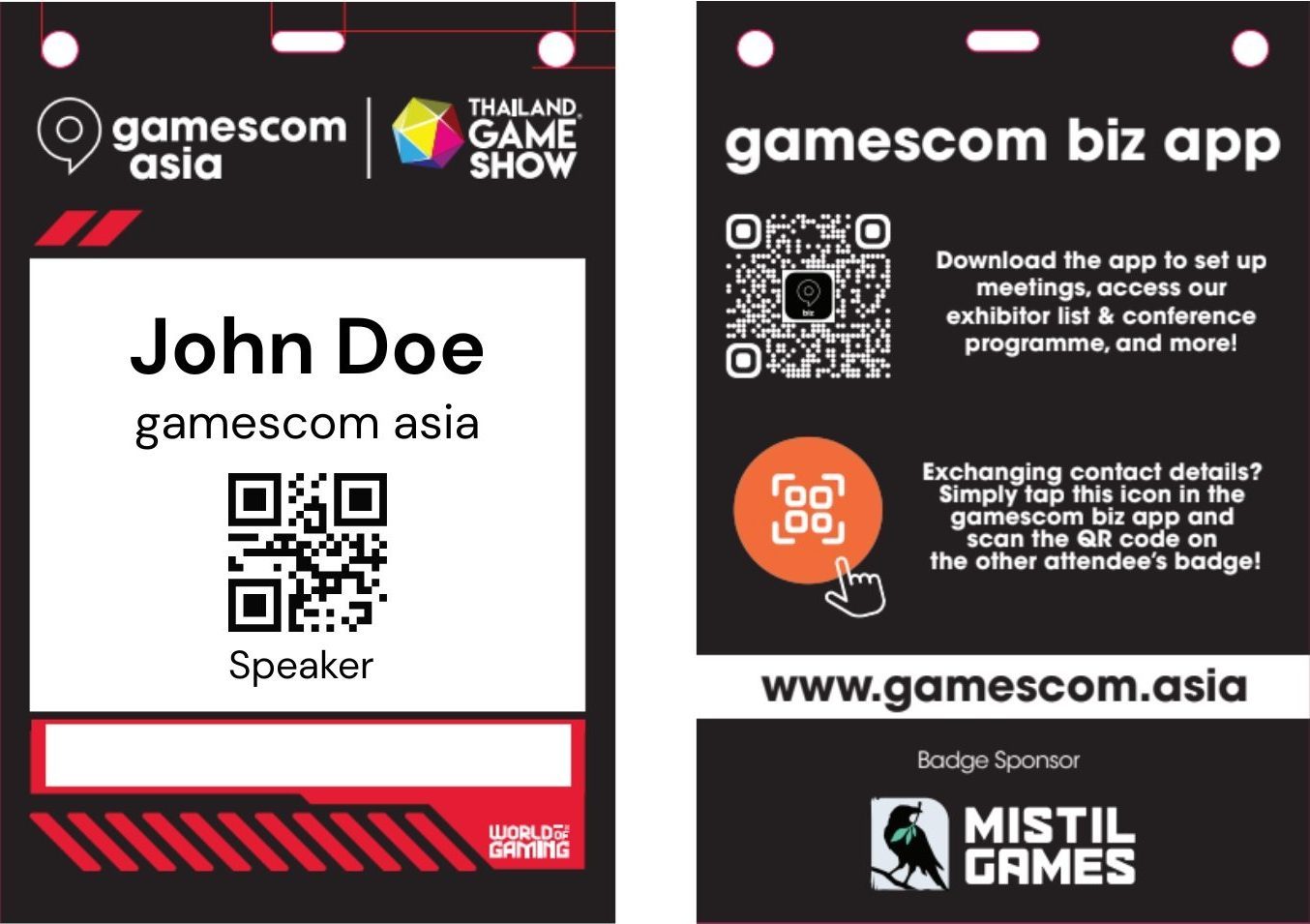 A name badge for the gamescom asia event featuring the name 'John Doe', a QR code, and designation as 'Speaker'. The reverse side promotes the gamescom biz app for networking and includes instructions for exchanging contact details.