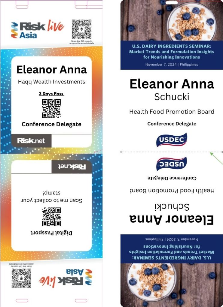 Two conference badges featuring names and affiliations. The left badge represents Eleanor Anna from Haqq Wealth Investments for Risk.live Asia, while the right badge is for Eleanor Anna Schucki from the Health Food Promotion Board for the U.S. Dairy Ingredients Seminar. Each badge includes a QR code and indicates they are conference delegates.