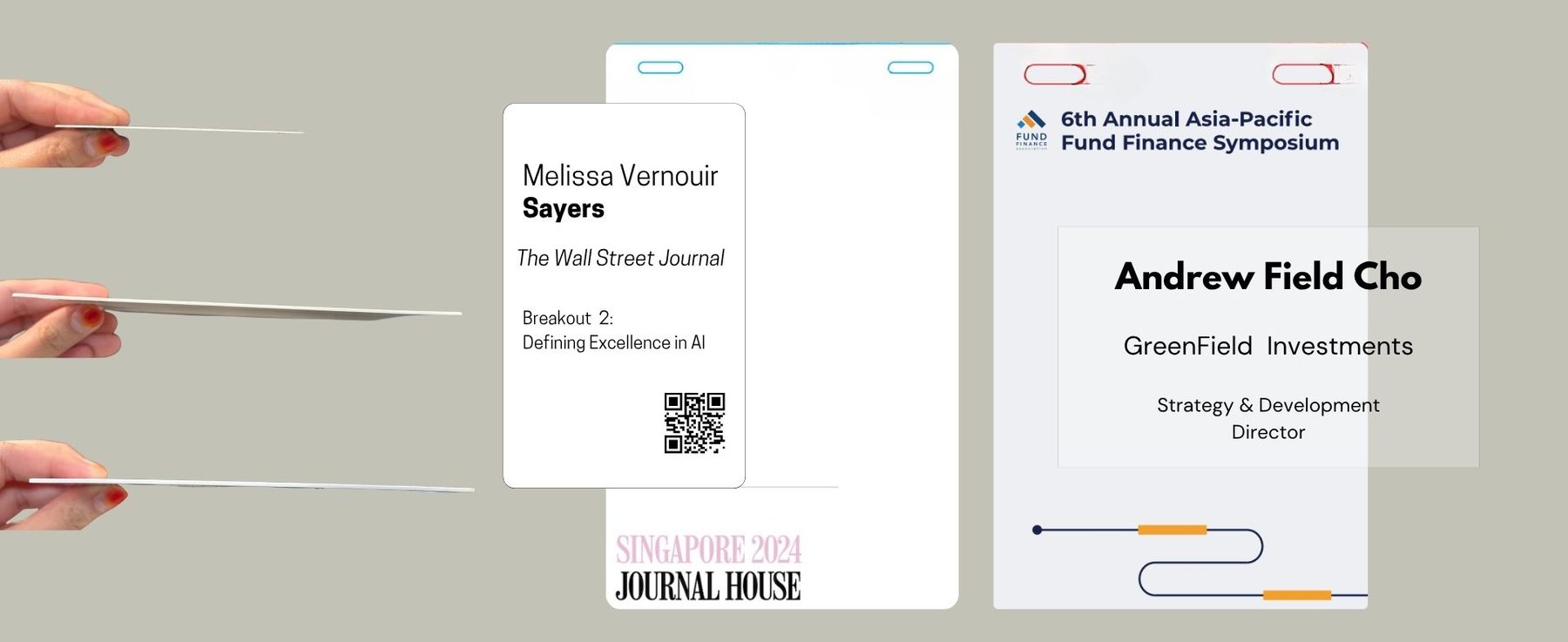Large PVC card conference badges printed onsite in Singapore with attendee names, companies and QR codes